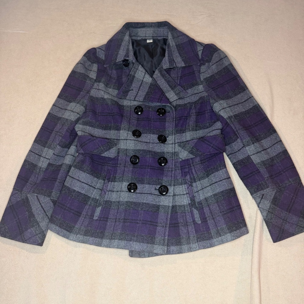 Attention Womens Purple Grey Plaid Double Breasted Peacoat Jacket Size L
